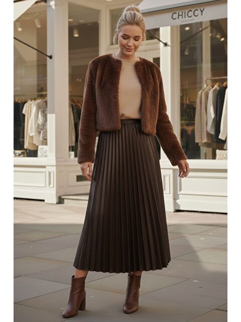 Chiccy Kahverengi Eteği Pliseli Lastikli Bel Casual Suni Deri Uzun Dokuma Etek 95 60 - S000486571-19413