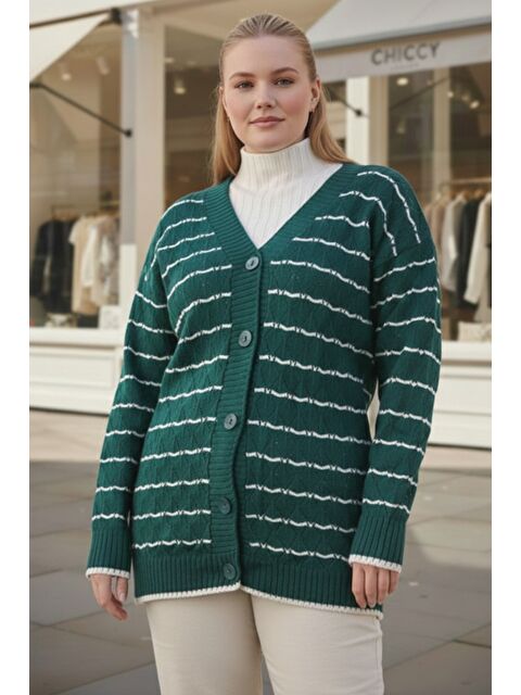 Chiccy Büyük Beden Yeşil-Beyaz V Yaka Uzun Kol Çizgili Düğmeli Casual Ajur Örgü Triko Hırka 80 62 - S000486576-37467