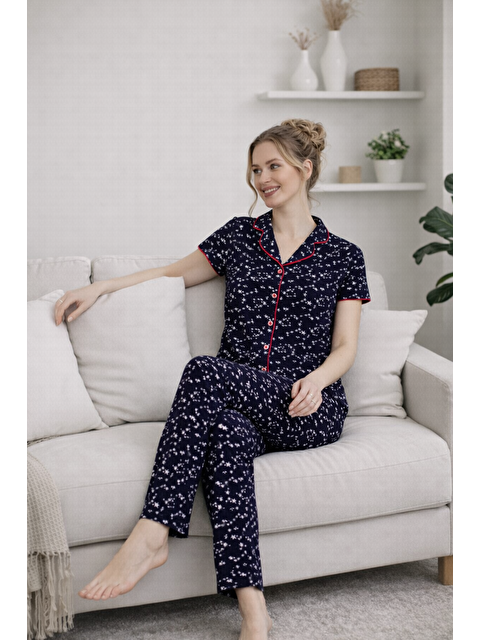 Formo PREMIUM Kadın %100 Doğal Pamuk Gömlek Yaka Biyeli Düğmeli Yüksek Kaliteli Pijama Takımı - S000503890-21164