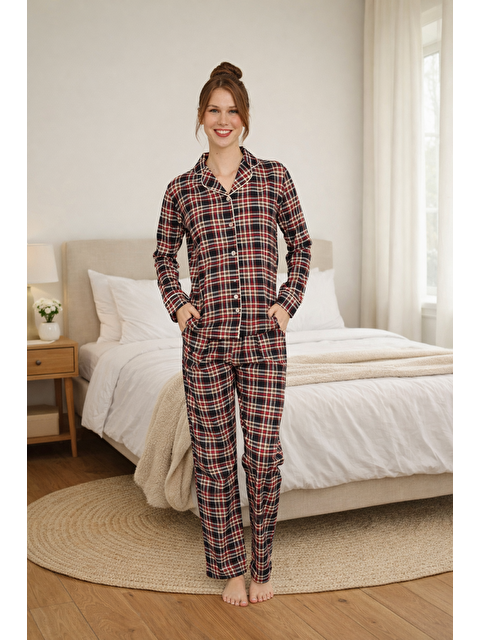 Formo PREMIUM Kadın %100 Doğal Pamuk Ekose/Kareli Desenli Gömlek Yaka Biyeli Düğmeli Cepli Pijama Takımı - S000503891-20045
