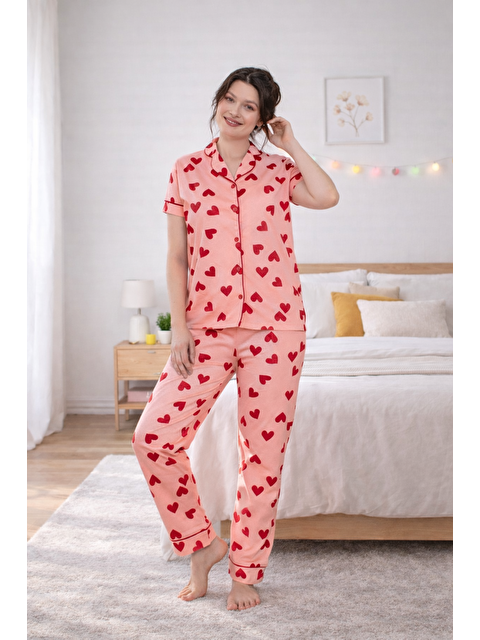 Formo PREMIUM Kadın %100 Doğal Pamuk Kalpli Gömlek Yaka Biyeli Düğmeli Yüksek Kaliteli Pijama Takımı - S000503893-2373