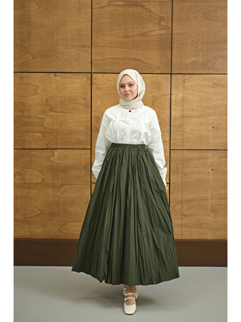 Locco Moda Kadın Beli Lastikli Kırışık Detay Etek Koyu Yeşil - S000503895-19416