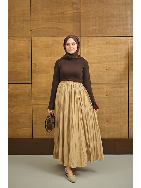 Locco Moda Kadın Beli Lastikli Kırışık Detay Etek Vizon - S000503895-26429