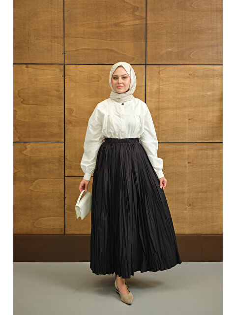 Locco Moda Kadın Beli Lastikli Kırışık Detay Etek Siyah - S000503895-19351