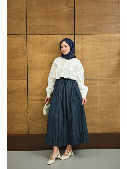 Locco Moda Kadın Beli Lastikli Kırışık Detay Etek İndigo Mavi - S000503895-23093