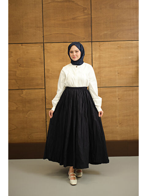 Locco Moda Kadın Beli Lastikli Kırışık Detay Etek Lacivert - S000503895-21164