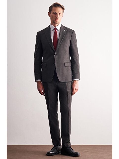 İMZA Koyu Antrasit Kırlangıç Yaka Çizgili Desen Esnek 6 Drop Slim Fit Classic Takım Elbise 1001255165 - S000476000-26298