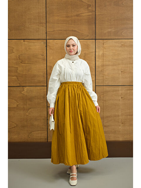 Locco Moda Kadın Beli Lastikli Kırışık Detay Etek Hardal - S000503895-20074