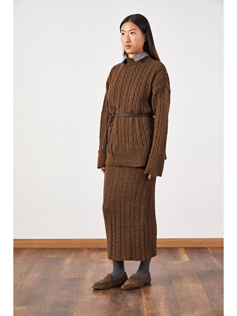 Mevra Saç Örgü Oversize Triko Kazak Kahve - S000503897-19413