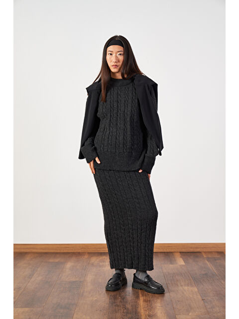 Mevra Saç Örgü Desenli Triko Etek Antrasit - S000503899-29666