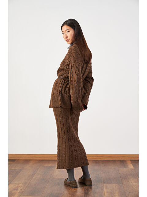 Mevra Saç Örgü Desenli Triko Etek Kahve - S000503900-19413