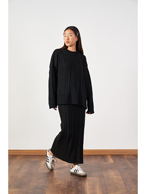 Mevra Saç Örgü Desenli Triko Etek Siyah - S000503901-19351