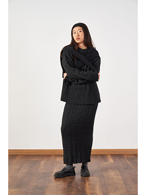 Mevra Saç Örgü Oversize Triko Kazak Antrasit - S000503902-29666