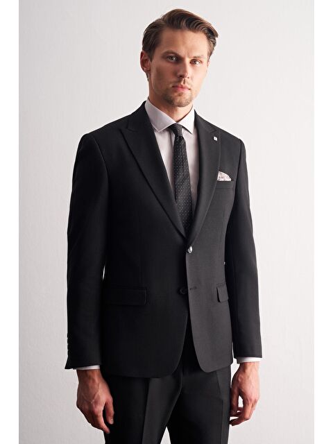 İMZA Siyah Kırlangıç Yaka Çizgili Desen Esnek 6 Drop Slim Fit Classic Takım Elbise 1001255164 - S000505292-19351