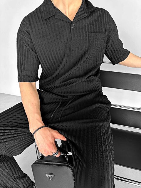 Abluka Online Erkek Oversize Önü Cepli Desenli Yarım Pat Küba Yaka T-Shirt Siyah - S000155206-19351