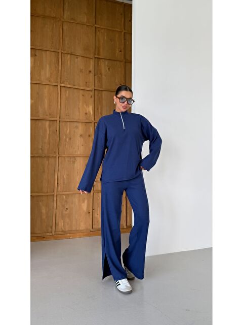 Trendseninle Kadın Lacivert Yarım Fermuarlı Dik Yaka Kazak Alt-Üst Pantolonlu Takım - S000426171-21164