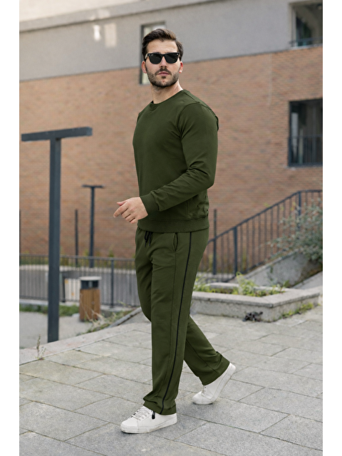 Comstar Erkek Çizgili Bisiklet Yaka Dar Haki Eşofman Takımı