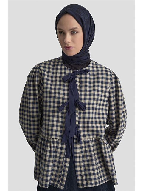 ARMİNE Bağlamalı Karpuz Kol Ekose Tunik 25Km1025 Lacivert - S000466868-21164