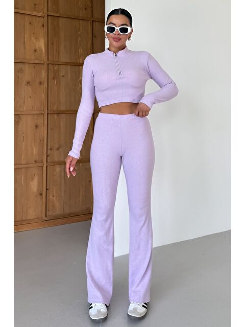 Trendseninle Kadın Eflatun Yarım Fermuarlı Crop Alt-Üst Pantolonlu Takım - S000426173-20042