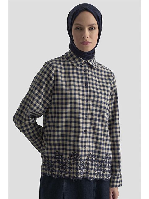 ARMİNE Çiçek Nakışlı Ekose Tunik 25Km1026 Lacivert - S000466874-21164