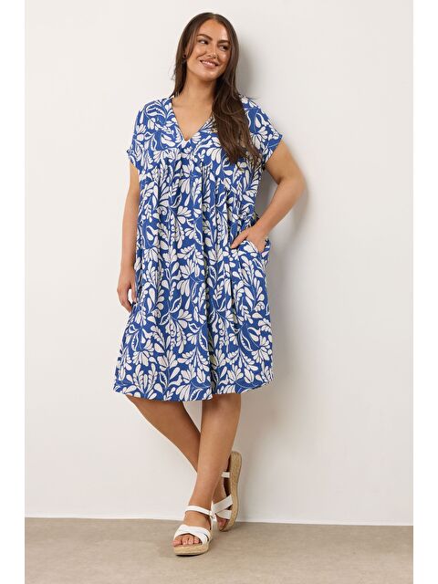 Stil Diva Büyük Beden V Yaka Kısa Kollu Cepli Çiçek Desenli Midi Elbise 616286 - S000452466-1091