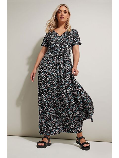 Stil Diva Büyük Beden V yaka Kısa Kollu Beli Kuşaklı Çiçek Desenli Maxi Elbise 304081 - S000452467-1720