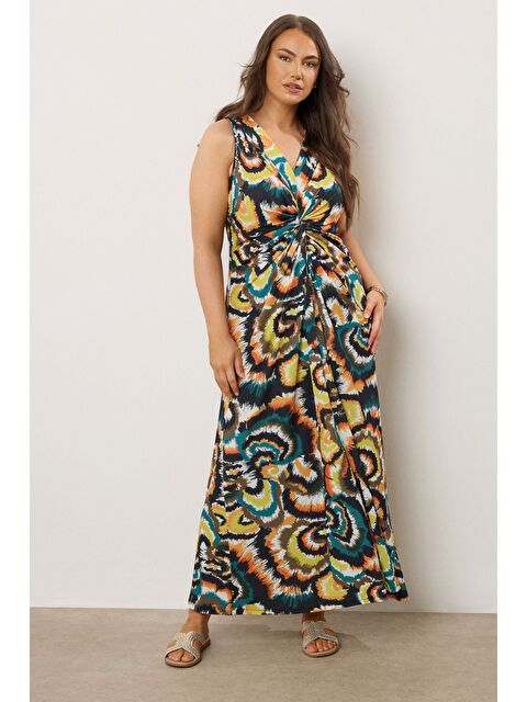 Stil Diva Büyük Beden V Yaka Sıfır Kol Önü Büzgülü Soyut Desenli Maxi Elbise 616343 - S000452468-23173