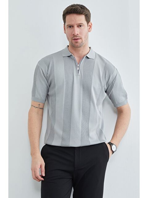 Fullamoda Şeritli Yarım Fermuarlı Polo Yaka Triko Tişört - S000514003-20600