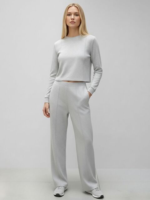 Trendseninle Kadın Gri Fitilli Örme Bel Boyu Bluz Pantolon Takım - S000503904-20600