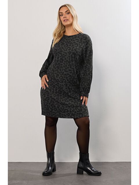 Stil Diva Büyük Beden Uzun Kollu Leopar Desenli Diz Üstü Elbise 285058 - S000452472-29666