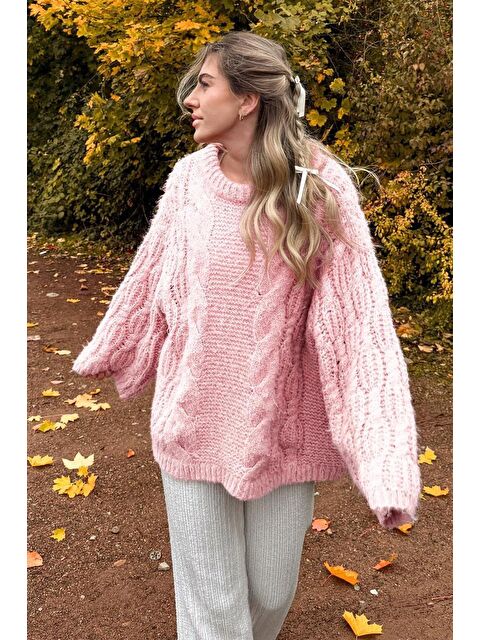 Madmext Pembe Bisiklet Yaka Örgü Desen Kadın Triko Kazak Mg2601 - S000478459-20024