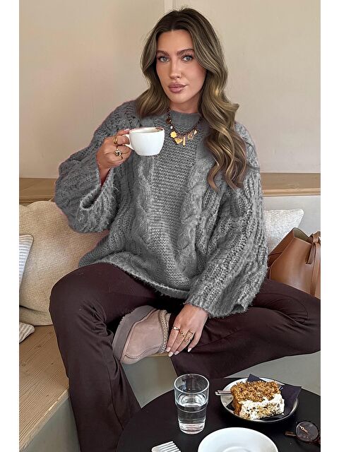 Madmext Koyu Gri Bisiklet Yaka Örgü Desen Kadın Triko Kazak Mg2601 - S000478459-29351