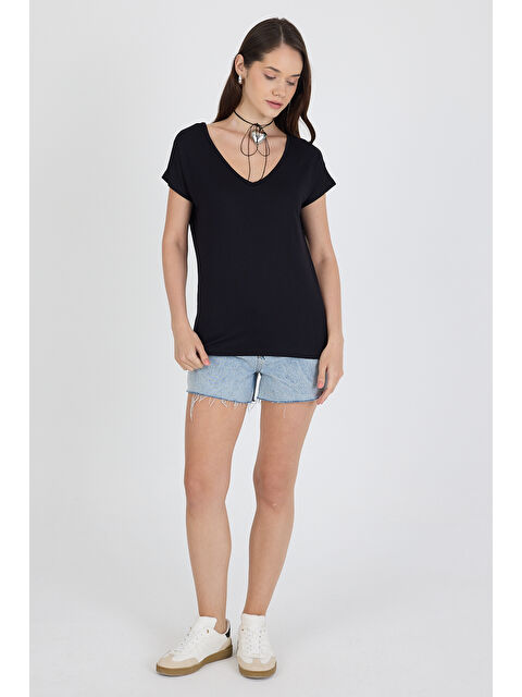 Rodi Ön Arka V Yaka Siyah Kadın T-shirt 0003 - S000400845-19351
