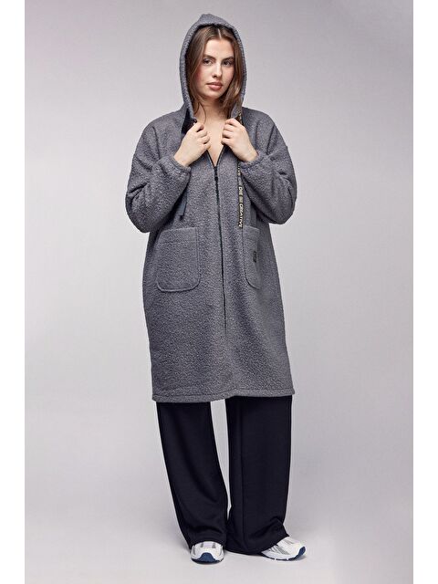 Saade Antrasit Oversize Kapüşonlu Fermuarlı Pelüş Uzun Hırka - S000503905-29666