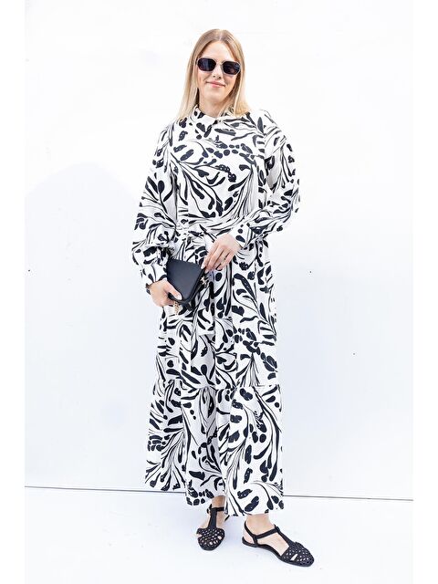 ALLDAY Taş-Siyah-Desenli Etek Fırfırlı Elbise - S000500816-25636