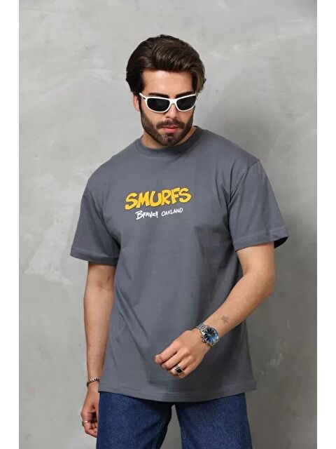 Jane's Unisex Basic Bisiklet Yaka Oversize T-Shirt - Füme - S000528277-33408