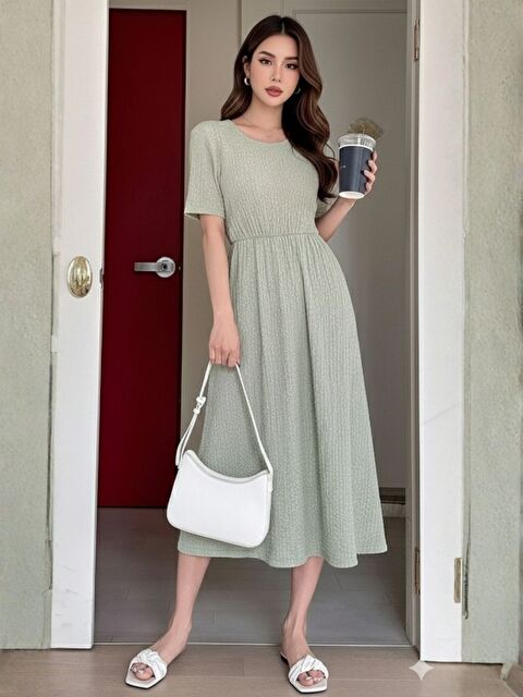 Trendseninle Kadın Yeşil Bürümcük Detay Kısa Kollu Midi Boy Elbise - S000503906-18194