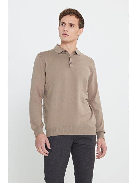 Altınyıldız Classics Erkek Vizon Pamuklu Standart Fit Normal Kesim Polo Yaka Triko Kazak - S000402663-26429