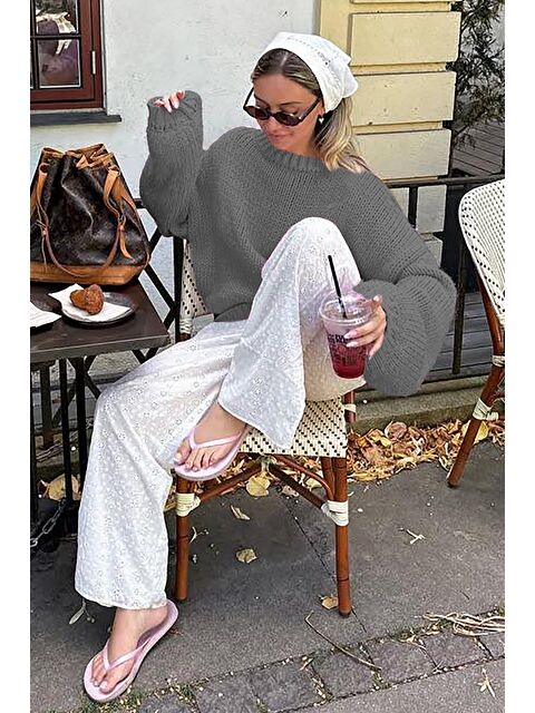 Madmext Koyu Gri Balon Kol Rahat Kesim Kadın Triko Kazak Mg2602 - S000478462-29351