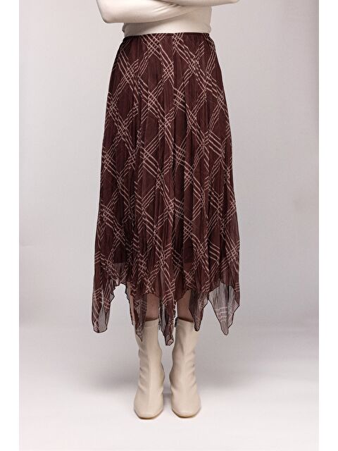 Saade Kahverengi Ekose Desenli Asimetrik Kesim Piliseli Etek - S000503909-19413