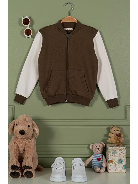 For You Kids Fermuarlı Garnili Kanguru Cep Kahverengi Kız Çocuk Ceket - S000161625-19413