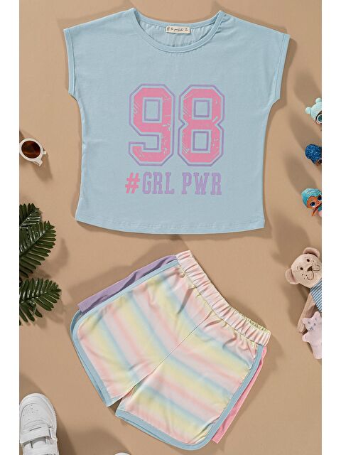 For You Kids Baskılı Yarasa Kol Garni Detaylı Mavi Alt Üst Takım - S000161626-17234