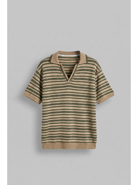 Abluka Online Erkek Oversize Yarım Pat Yaka Fileli Esnek T-Shirt Bej Yeşil - S000506309-37220