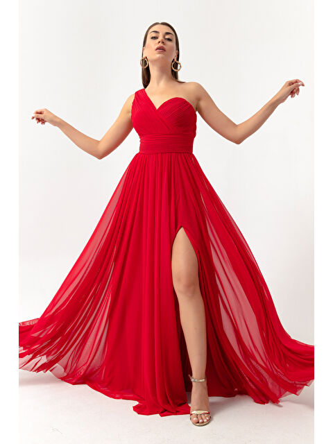 Lafaba Kadın Kırmızı Tek Omuz Yırtmaçlı Uzun Abiye Elbise - S000350956-20045