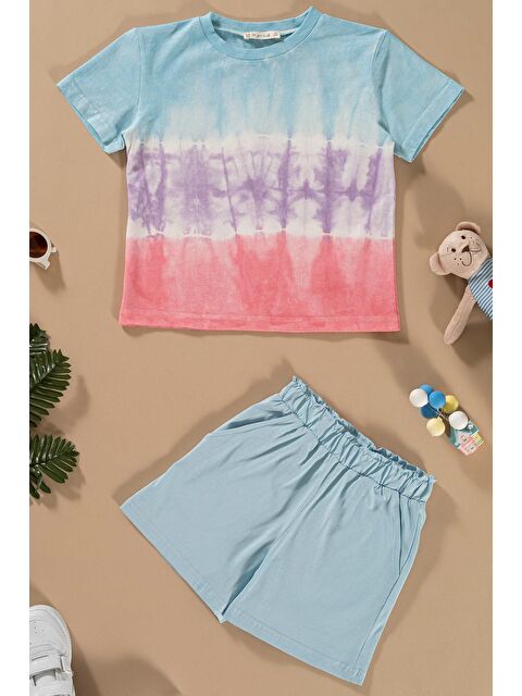 For You Kids Batik Yıkamalı Mavi Tshirt Şort Takım - S000161633-17234