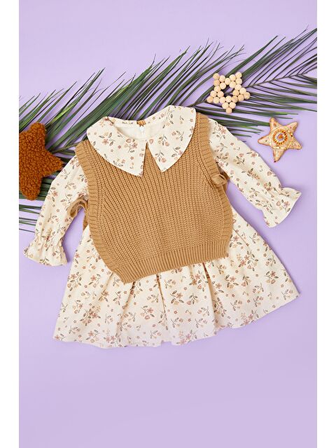 Fullamoda Çiçekli Triko Süveterli Kız Çocuk Elbise - S000503092-19413