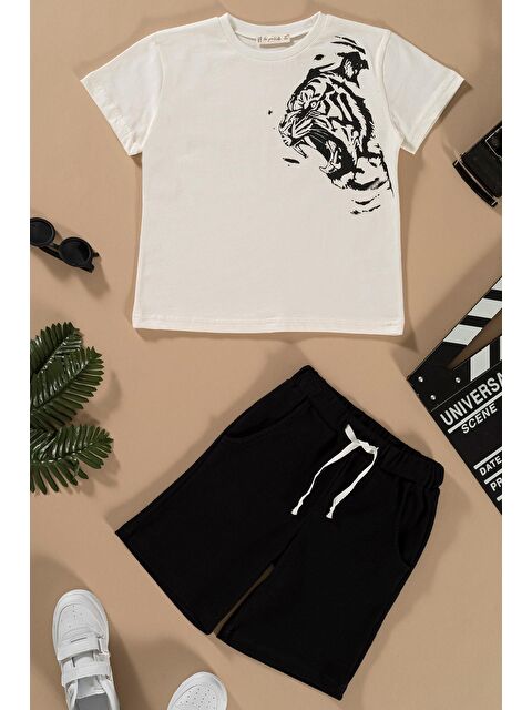 For You Kids Kaplan Baskılı Siyah Tshirt Şort Takım - S000161642-19351