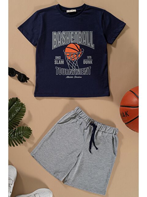 For You Kids Basketboll Baskılı Lacivert Tshirt Şort Takım - S000161643-21164