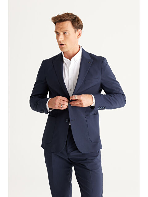 Altınyıldız Classics Erkek Lacivert Slim Fit Dar Kesim Kırlangıç Yaka Çizgili Takım Elbise - S000440547-21164