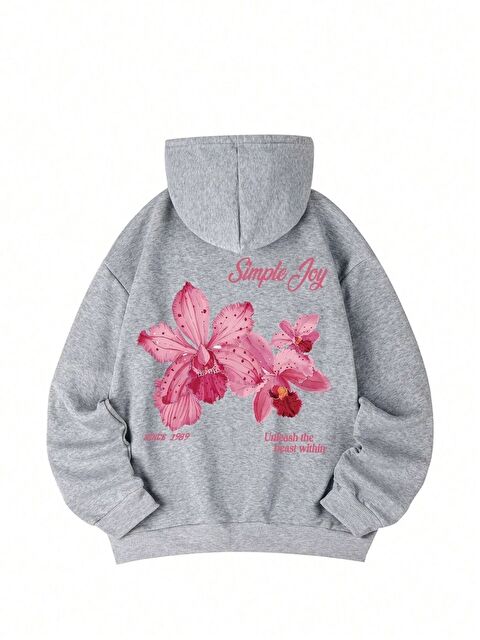Trendseninle Kadın Gri Simple Joy Baskılı Oversize Kapüşonlu Sweatshirt Hoodie - S000439743-20600